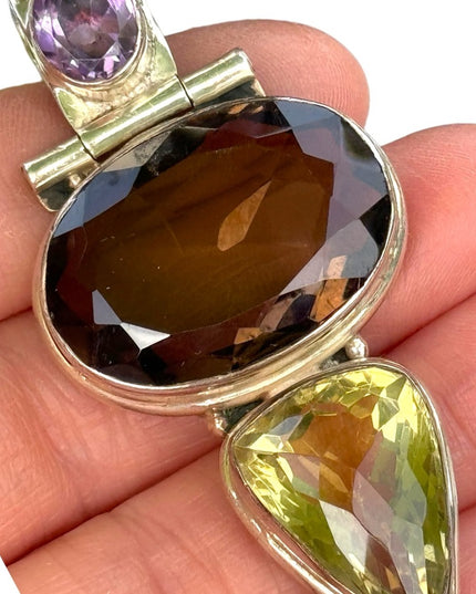 Heavy 925 Sterling silver gemstone pendant Amerhyst smokey topaz citrine