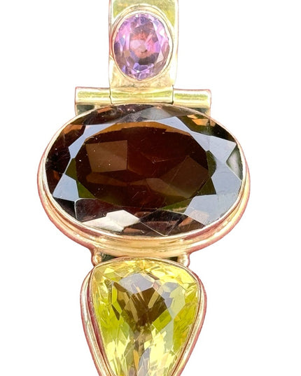 Heavy 925 Sterling silver gemstone pendant Amerhyst smokey topaz citrine