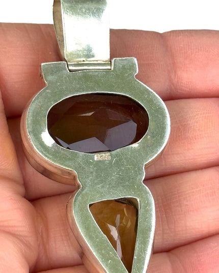 Heavy 925 Sterling silver gemstone pendant Amerhyst smokey topaz citrine