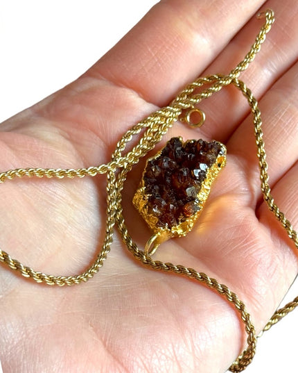 Vintage  gold plate raw citrine druzy pendant & gold plt sterling rope chain