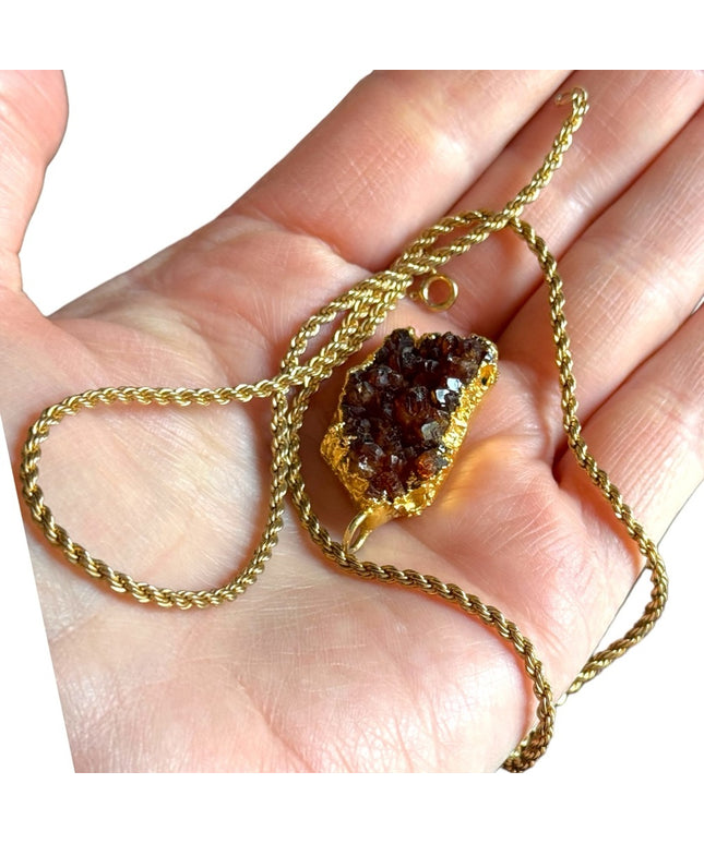 Vintage  gold plate raw citrine druzy pendant & gold plt sterling rope chain
