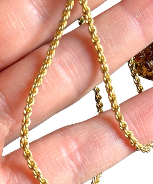 Vintage  gold plate raw citrine druzy pendant & gold plt sterling rope chain