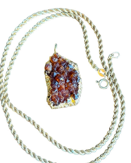 Vintage  gold plate raw citrine druzy pendant & gold plt sterling rope chain