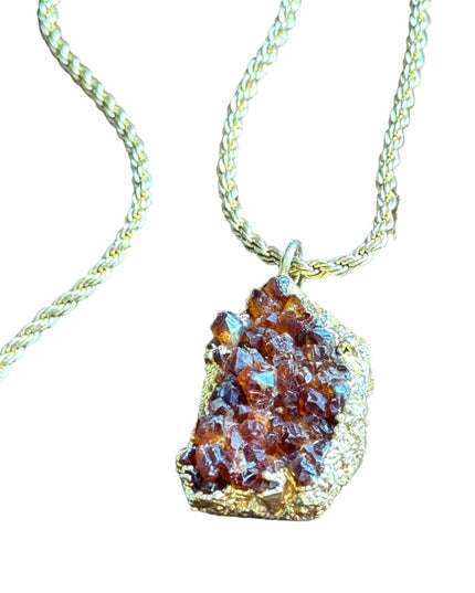 Vintage  gold plate raw citrine druzy pendant & gold plt sterling rope chain