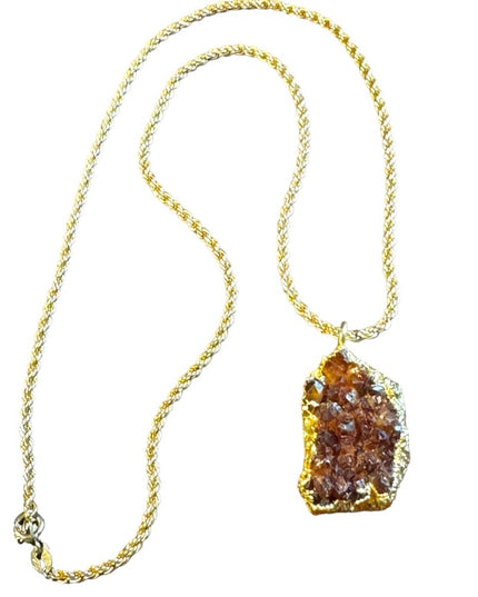 Vintage  gold plate raw citrine druzy pendant & gold plt sterling rope chain