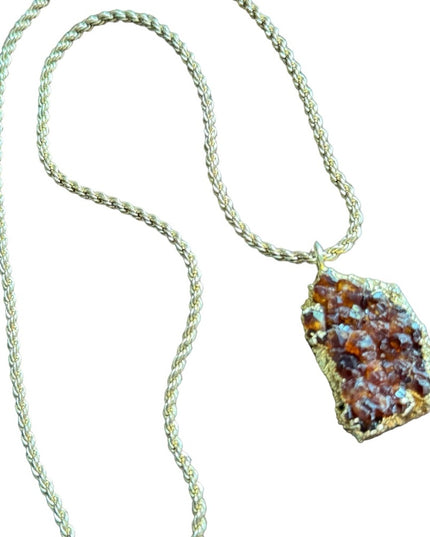 Vintage  gold plate raw citrine druzy pendant & gold plt sterling rope chain