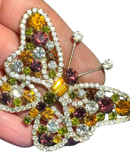 Huge Czech Czechoslovakia Pave Rhinestone Butterfly Brooch 77 mm Gold plt
