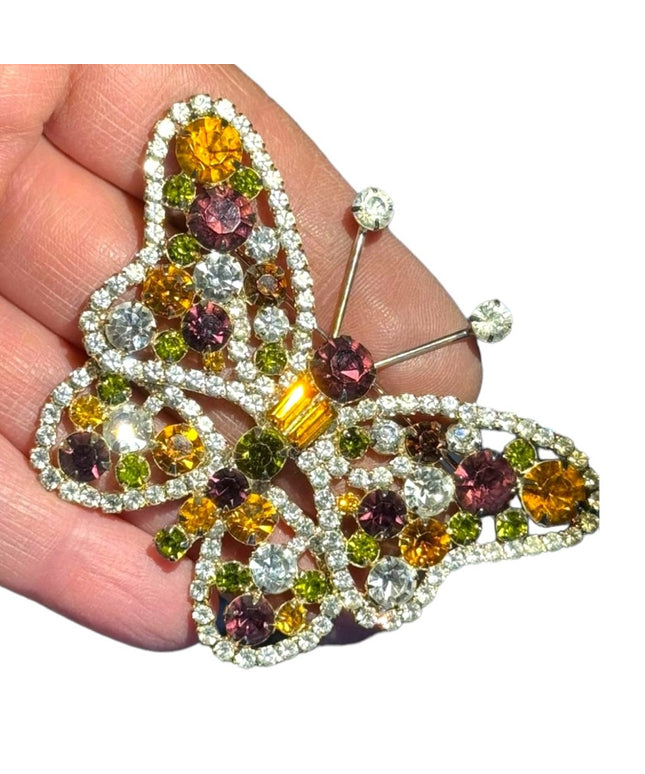 Huge Czech Czechoslovakia Pave Rhinestone Butterfly Brooch 77 mm Gold plt