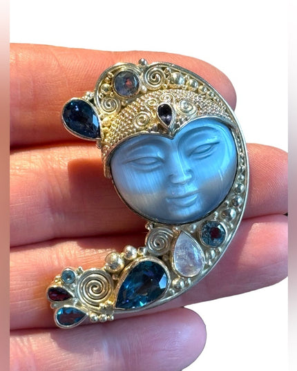 RARE Sajen sterling silver Goddess Brooch pendant Bali Handmade 925 Topaz