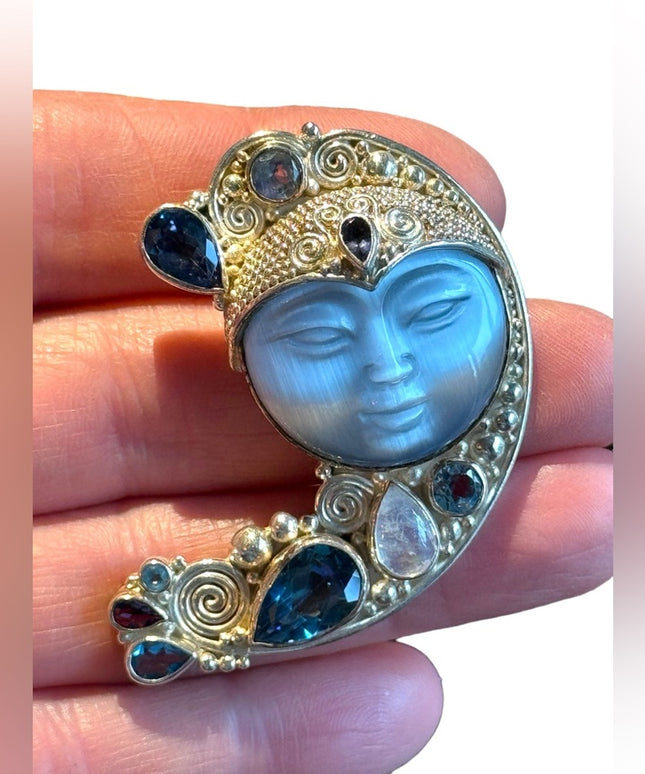 RARE Sajen sterling silver Goddess Brooch pendant Bali Handmade 925 Topaz