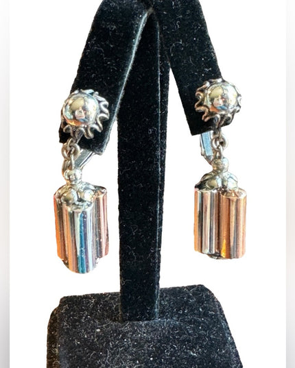 Vintage Mid Century Miriam Haskell Copper silver barrel clip on dangle earrings