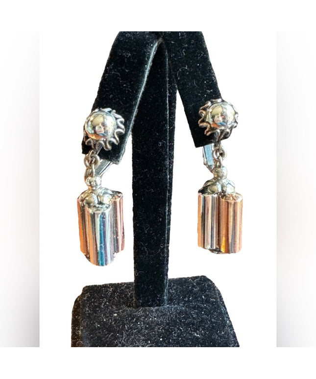 Vintage Mid Century Miriam Haskell Copper silver barrel clip on dangle earrings
