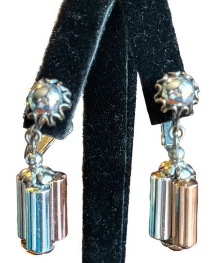 Vintage Mid Century Miriam Haskell Copper silver barrel clip on dangle earrings