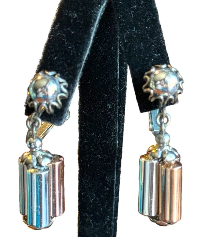 Vintage Mid Century Miriam Haskell Copper silver barrel clip on dangle earrings