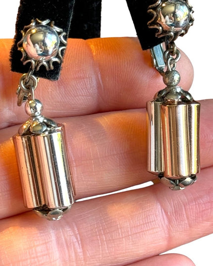 Vintage Mid Century Miriam Haskell Copper silver barrel clip on dangle earrings