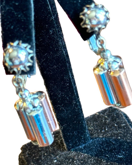 Vintage Mid Century Miriam Haskell Copper silver barrel clip on dangle earrings