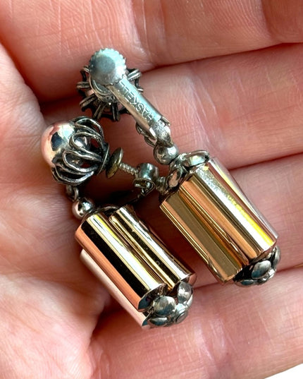 Vintage Mid Century Miriam Haskell Copper silver barrel clip on dangle earrings