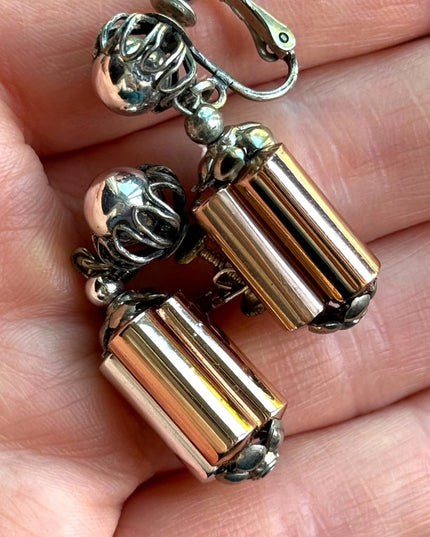 Vintage Mid Century Miriam Haskell Copper silver barrel clip on dangle earrings