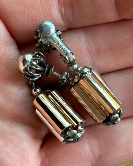 Vintage Mid Century Miriam Haskell Copper silver barrel clip on dangle earrings