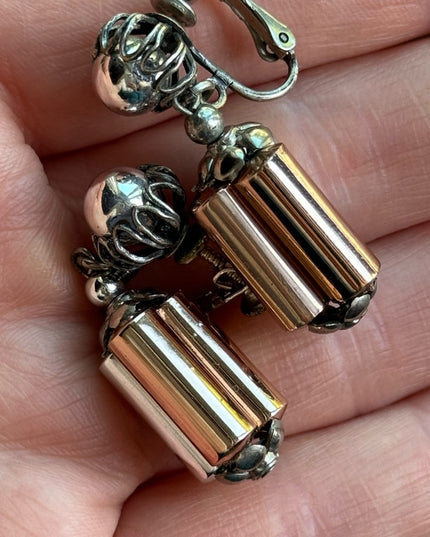 Vintage Mid Century Miriam Haskell Copper silver barrel clip on dangle earrings