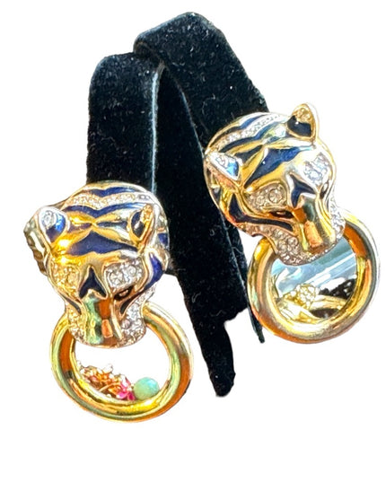 Vintage 1980s couture enameled tiger rhinestone gold finish clip on earrings