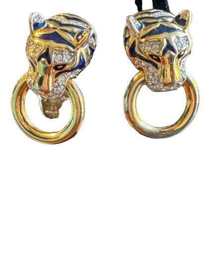 Vintage 1980s couture enameled tiger rhinestone gold finish clip on earrings