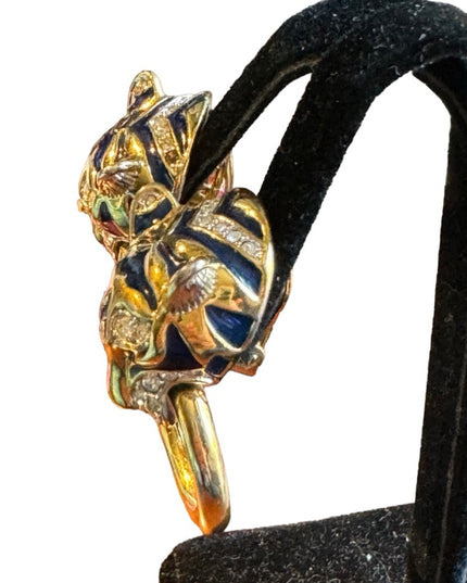Vintage 1980s couture enameled tiger rhinestone gold finish clip on earrings