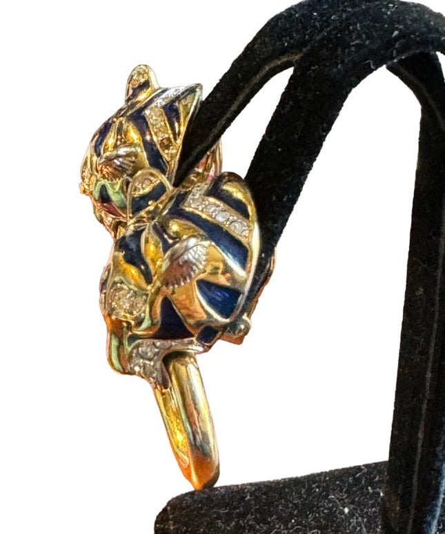 Vintage 1980s couture enameled tiger rhinestone gold finish clip on earrings