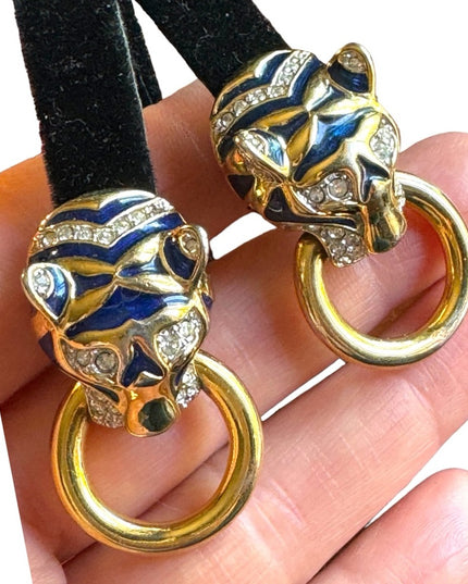 Vintage 1980s couture enameled tiger rhinestone gold finish clip on earrings