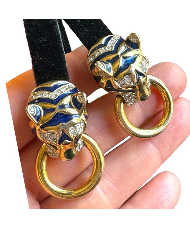 Vintage 1980s couture enameled tiger rhinestone gold finish clip on earrings