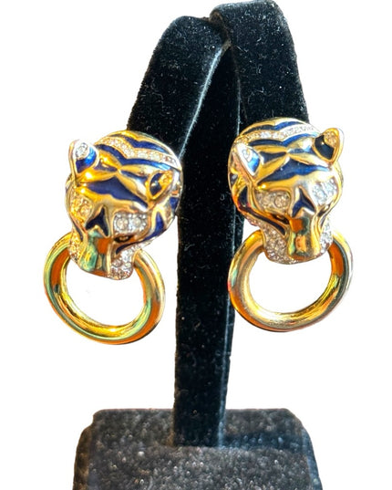 Vintage 1980s couture enameled tiger rhinestone gold finish clip on earrings