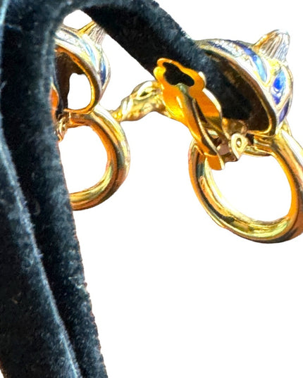 Vintage 1980s couture enameled tiger rhinestone gold finish clip on earrings