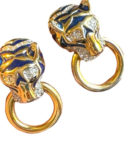 Vintage 1980s couture enameled tiger rhinestone gold finish clip on earrings
