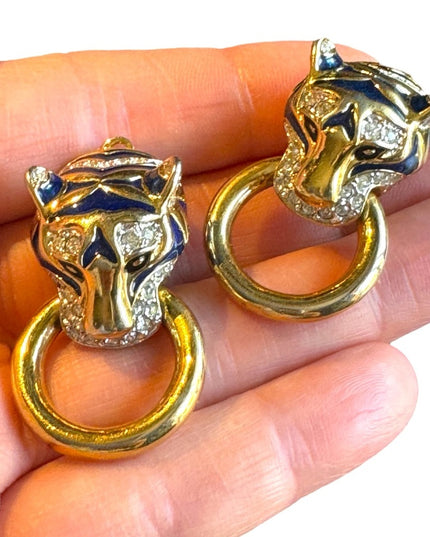 Vintage 1980s couture enameled tiger rhinestone gold finish clip on earrings