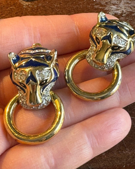 Vintage 1980s couture enameled tiger rhinestone gold finish clip on earrings