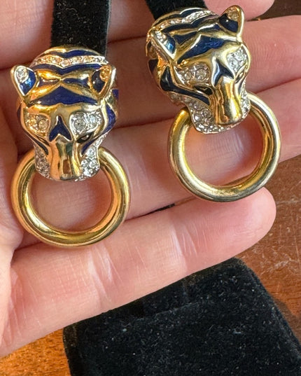 Vintage 1980s couture enameled tiger rhinestone gold finish clip on earrings