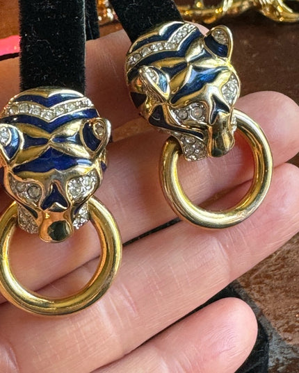 Vintage 1980s couture enameled tiger rhinestone gold finish clip on earrings