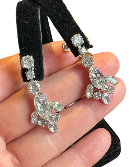 Vintage Mid century SHERMAN crystal screw back eareings silver rhodium plt
