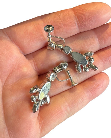Vintage Mid century SHERMAN crystal screw back eareings silver rhodium plt