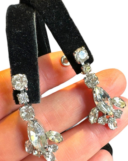 Vintage Mid century SHERMAN crystal screw back eareings silver rhodium plt