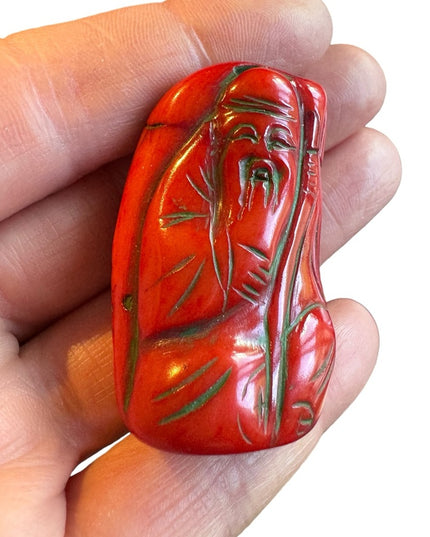 2" China Red coral auspicious Longevity god Shou Xing statue Amulet Pendant