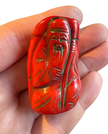 2" China Red coral auspicious Longevity god Shou Xing statue Amulet Pendant