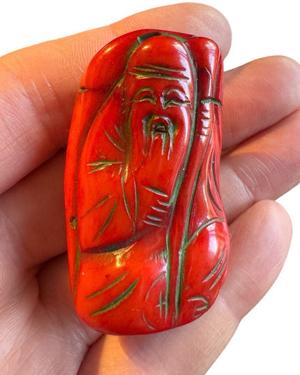 2" China Red coral auspicious Longevity god Shou Xing statue Amulet Pendant
