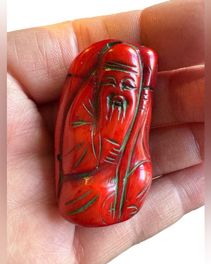 2" China Red coral auspicious Longevity god Shou Xing statue Amulet Pendant
