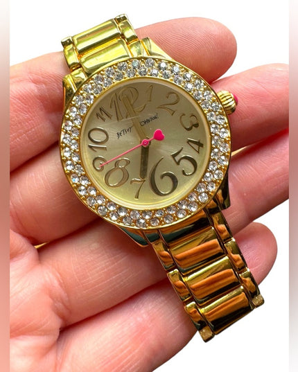 Betsy Johnson Gold finish kiss watch with box & links
