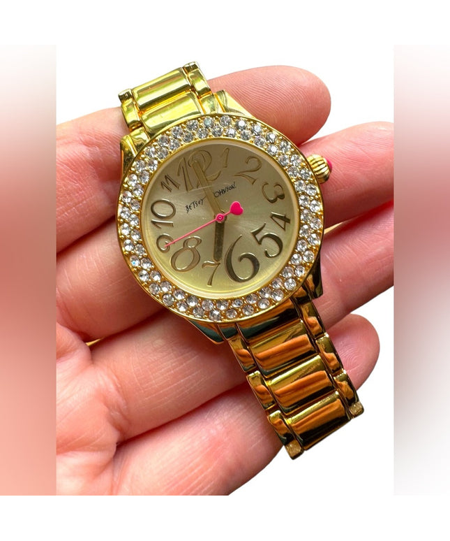 Betsy Johnson Gold finish kiss watch with box & links