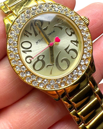 Betsy Johnson Gold finish kiss watch with box & links