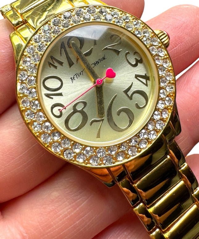 Betsy Johnson Gold finish kiss watch with box & links