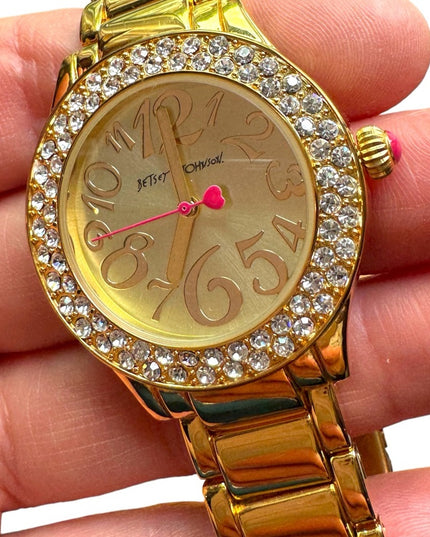 Betsy Johnson Gold finish kiss watch with box & links