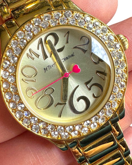 Betsy Johnson Gold finish kiss watch with box & links